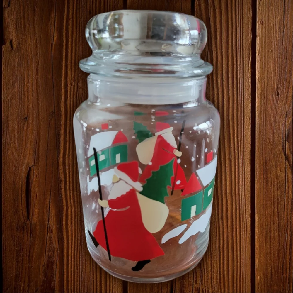Vtg Canister Container Seal Lid Santa Christmas Clear Glass Apothecary Jar